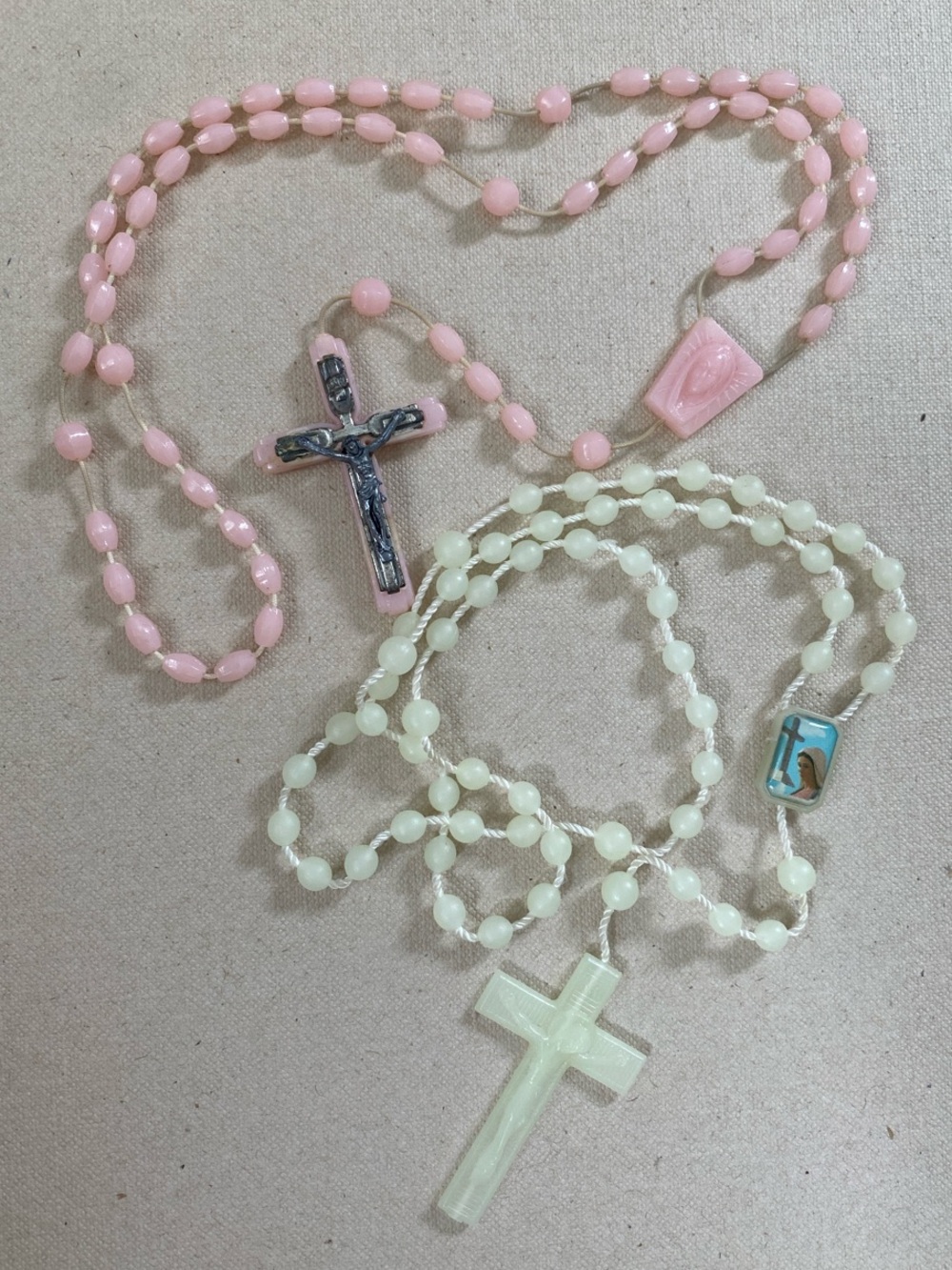 Plastic Rosary Necklace Set - Pink and Cream Beads